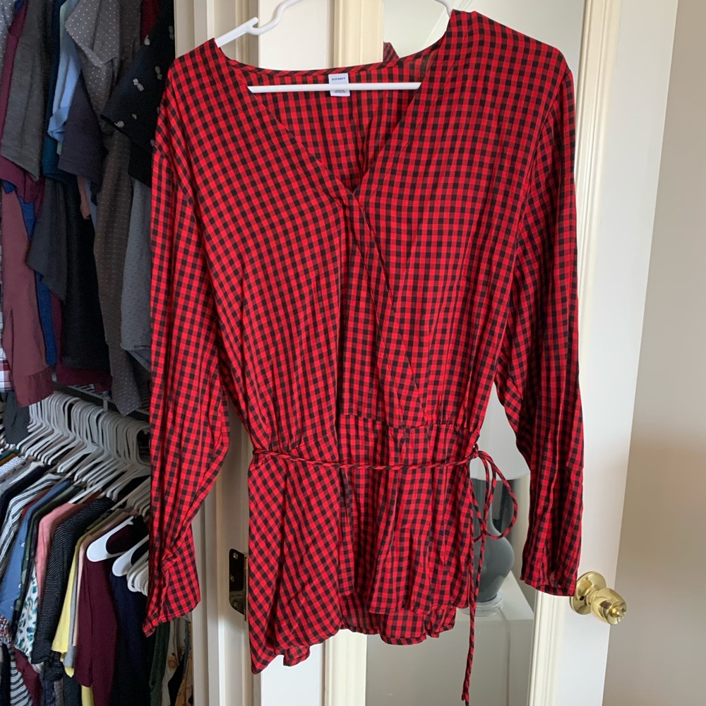 Red Paid Peplum Blouse